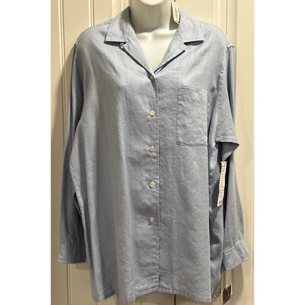 Anne Klein Women Blue Linen Long Sleeve Button-Down Shirt V Neck Size 12 NWT - Picture 3 of 15
